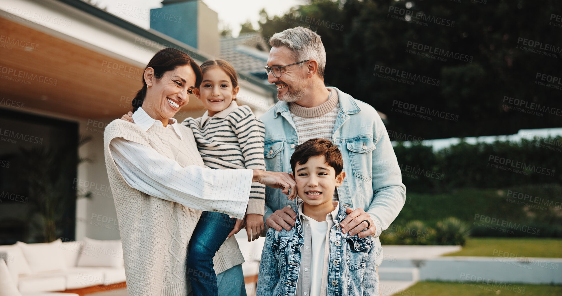 Buy stock photo Happy, outdoor and portrait of family by new home for bonding, connection or property investment. Smile, love and parents with children in backyard for relocation with real estate together by house.