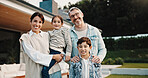 Happy, backyard and portrait of family by new home for bonding, connection or property investment. Smile, love and parents with children outdoor for relocation with real estate together by house.