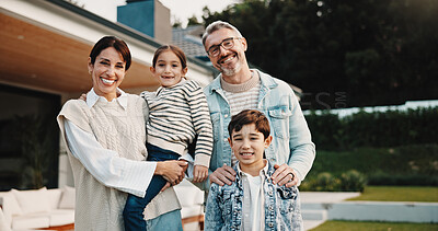 Buy stock photo Happy, backyard and portrait of family by new home for bonding, connection or property investment. Smile, love and parents with children outdoor for relocation with real estate together by house.