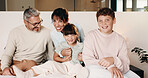 Family, love and relax in bedroom, smile or connection together on weekend break with children. Mother, father and kids at home for care, portrait and support for development with parents in morning