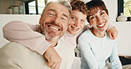 Family, hug and love in apartment, smile and connection together on weekend break with child. Mother, father and happy kid at house for care, portrait and embrace parents for support with trust