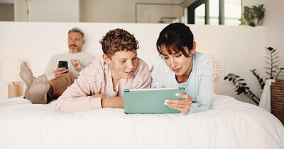 Buy stock photo Family, mom and child with tablet in bedroom, entertainment and watching movie with app subscription. Happy, mature woman and streaming film with tech on bed, mother and bonding with son in house