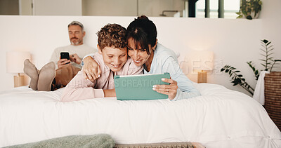 Buy stock photo Tablet, relax and mother with child on bed in home for educational video game with subscription. Happy, family and mom with boy kid for online gaming on digital technology with learning at house.