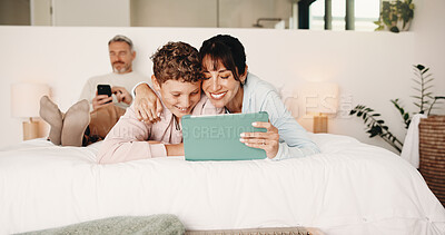 Buy stock photo Tablet, hug and mother with child on bed in home for educational video game with subscription. Relax, family and mom with boy kid for online gaming on digital technology with learning at house.