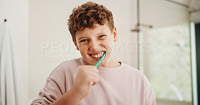Buy stock photo Toothbrush, dental care and portrait of child in bathroom for development, growth or learning hygiene. Toothpaste, wellness and boy kid brushing teeth in morning for fresh breath and oral health.
