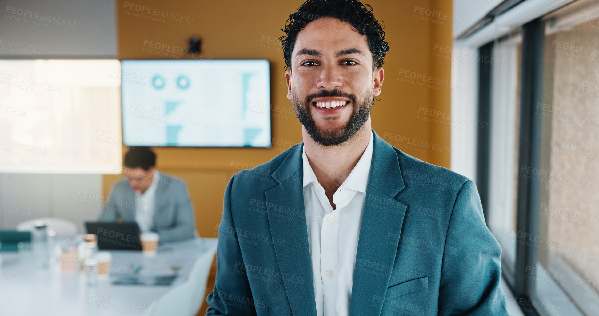 Buy stock photo Business, boardroom and portrait of man in office for finance review, budget and feedback. Happy, corporate and person with pride for financial advisor, about us and meeting for investment plan