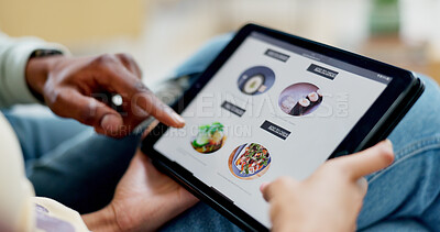 Buy stock photo Hands, tablet and food delivery with screen for online shopping in home, scroll and couple in lounge. People, tech and ui display with ecommerce, order or digital menu for meal with app at apartment