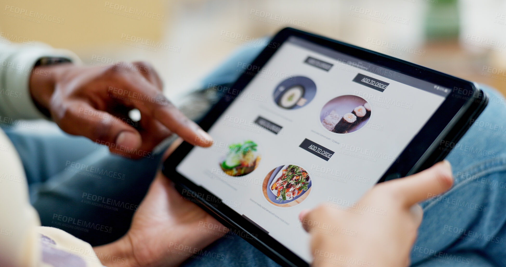 Buy stock photo Hands, tablet and food delivery with screen for online shopping in home, scroll and couple in lounge. People, tech and ui display with ecommerce, order or digital menu for meal with app at apartment