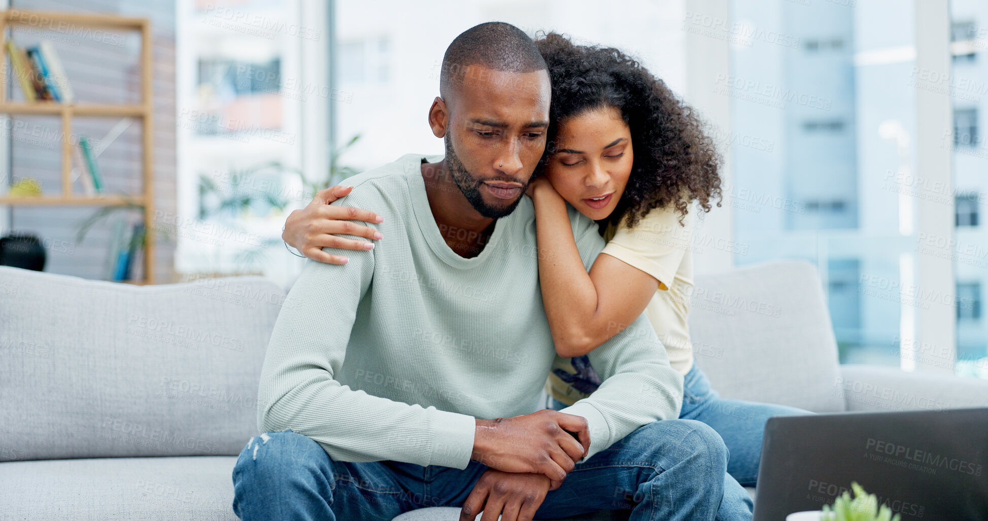 Buy stock photo Stress, comfort or couple on sofa in home with bad news, unemployment or financial crisis with support. Empathy, upset or African woman hugging man in living room for debt, investment loss or mistake