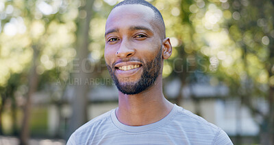 Buy stock photo Black man, runner and portrait in park for exercise, sports break and nature for happiness. Male person, health and smile outdoor for summer, workout and relax for wellness, fitness and confidence