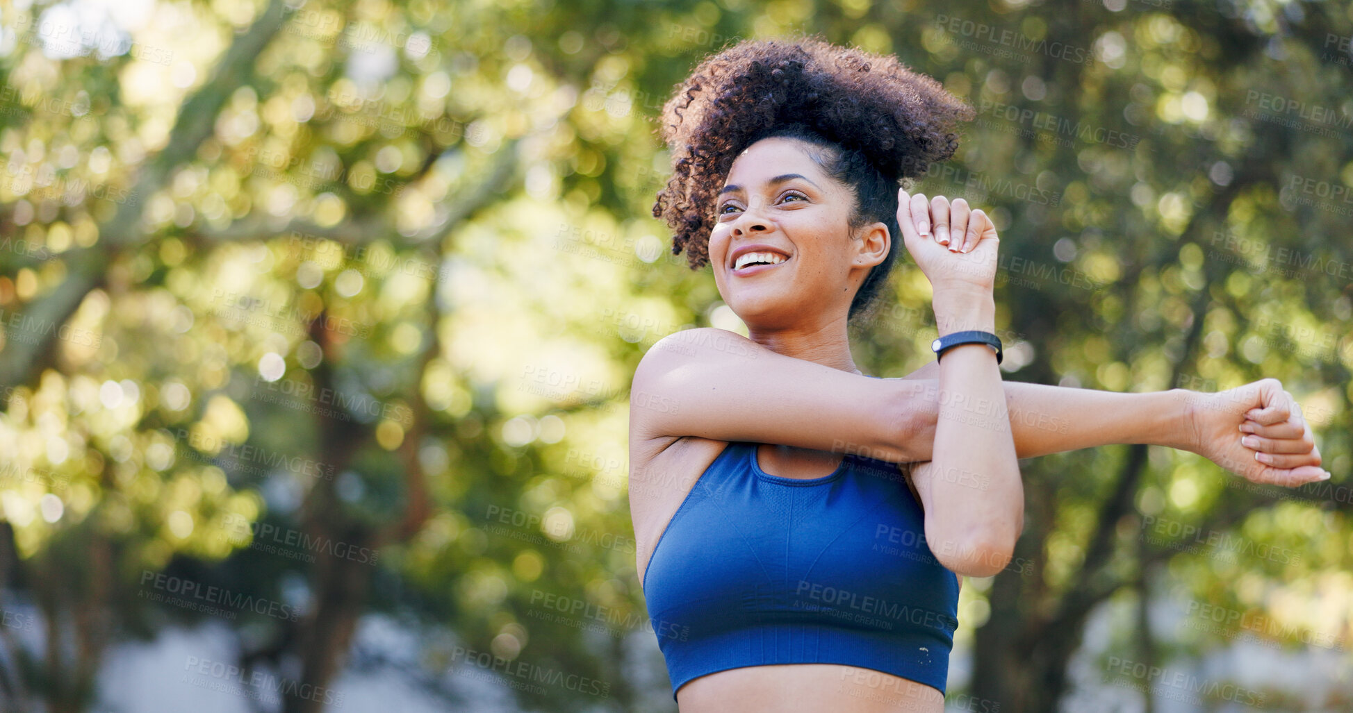 Buy stock photo Athlete, exercise and woman with stretching at park to start workout, fitness performance and getting ready. Wellness, runner and arm warm up in nature for cardio, training and flexible muscle relief