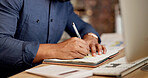 Writing, hands or person with notebook in office, financial audit or accounting notes for tax filing. Sticky note, planning or accountant with schedule for review, evaluation or compliance checklist