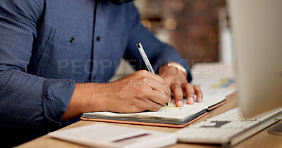 Buy stock photo Accounting, hands or writing with notebook in office, financial audit or planning notes for tax filing. Sticky note, person or accountant with schedule for review, evaluation or compliance checklist