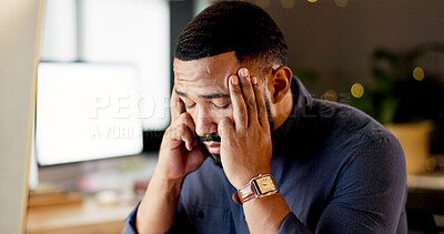 Buy stock photo Frustrated, man and stress with headache in office for overworked strain, pressure or fatigue. Tired, male person or agent with migraine or computer for head pain, burnout or deadline in workplace