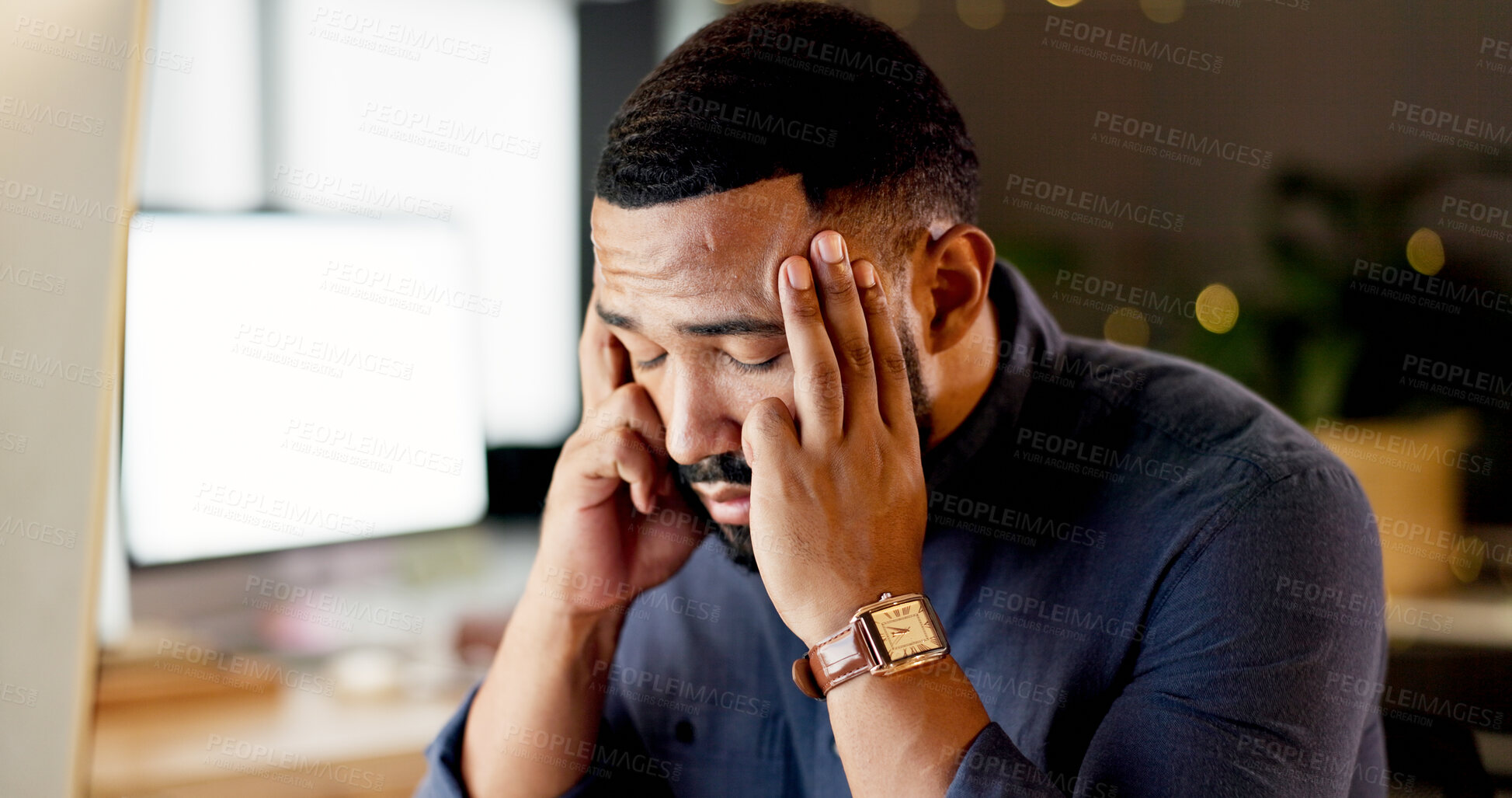 Buy stock photo Frustrated, man and stress with headache in office for overworked strain, pressure or fatigue. Tired, male person or agent with migraine or computer for head pain, burnout or deadline in workplace