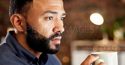 Buy stock photo Thinking, businessman and coffee in office at night with vision, reflection and planning story. Thoughts, male person and daydreaming with warm beverage, herbal drink and working late for publication