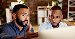 Reading, teamwork and people with computer in office, software programming and planning for upgrade. Review, brainstorming and men with idea for cybersecurity patch, pc and automated firewall testing