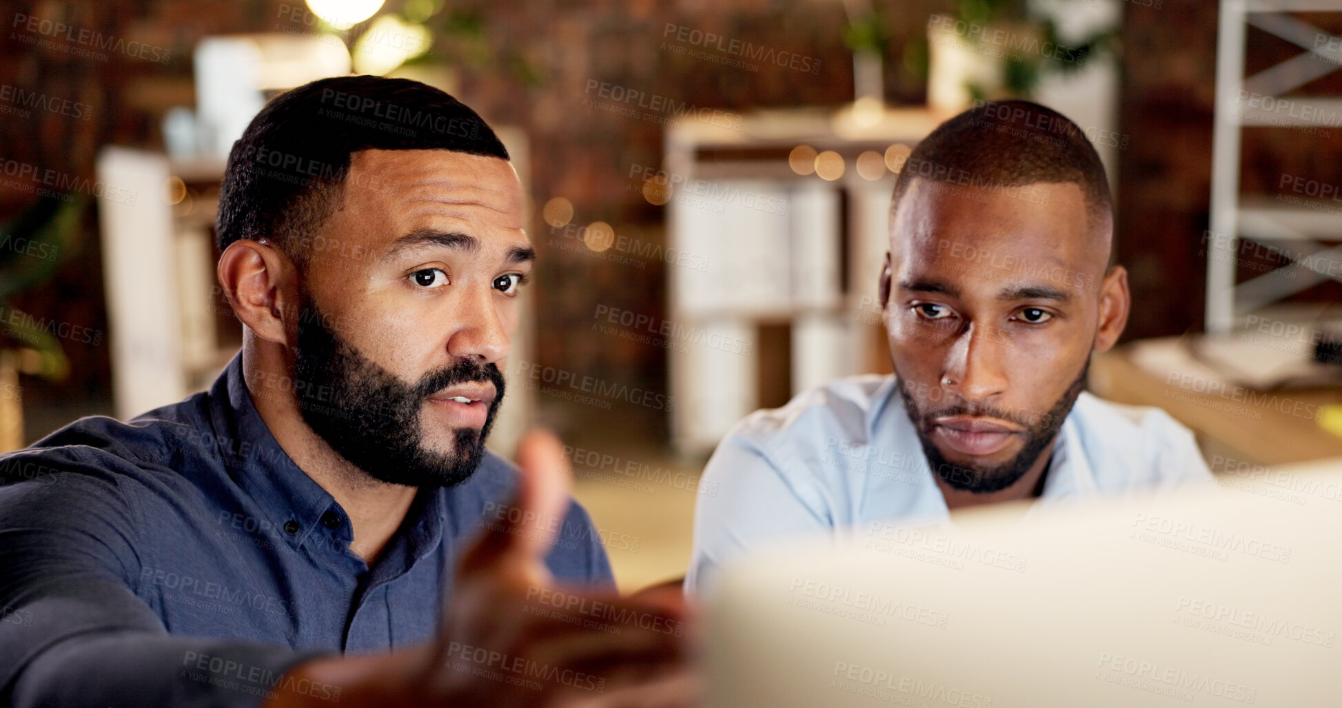 Buy stock photo Reading, manager and employee with computer in office, software coaching and planning for upgrade. Review, mentoring and men with teamwork for cybersecurity system, pc and automated firewall testing