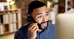 Businessman, agent and night with headset in call center for customer service or online advice. Male person, employee or consultant with mic for virtual assistance, help or late support in workplace