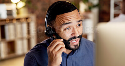 Buy stock photo Businessman, agent and night with headset in call center for customer service or online advice. Male person, employee or consultant with mic for virtual assistance, help or late support in workplace