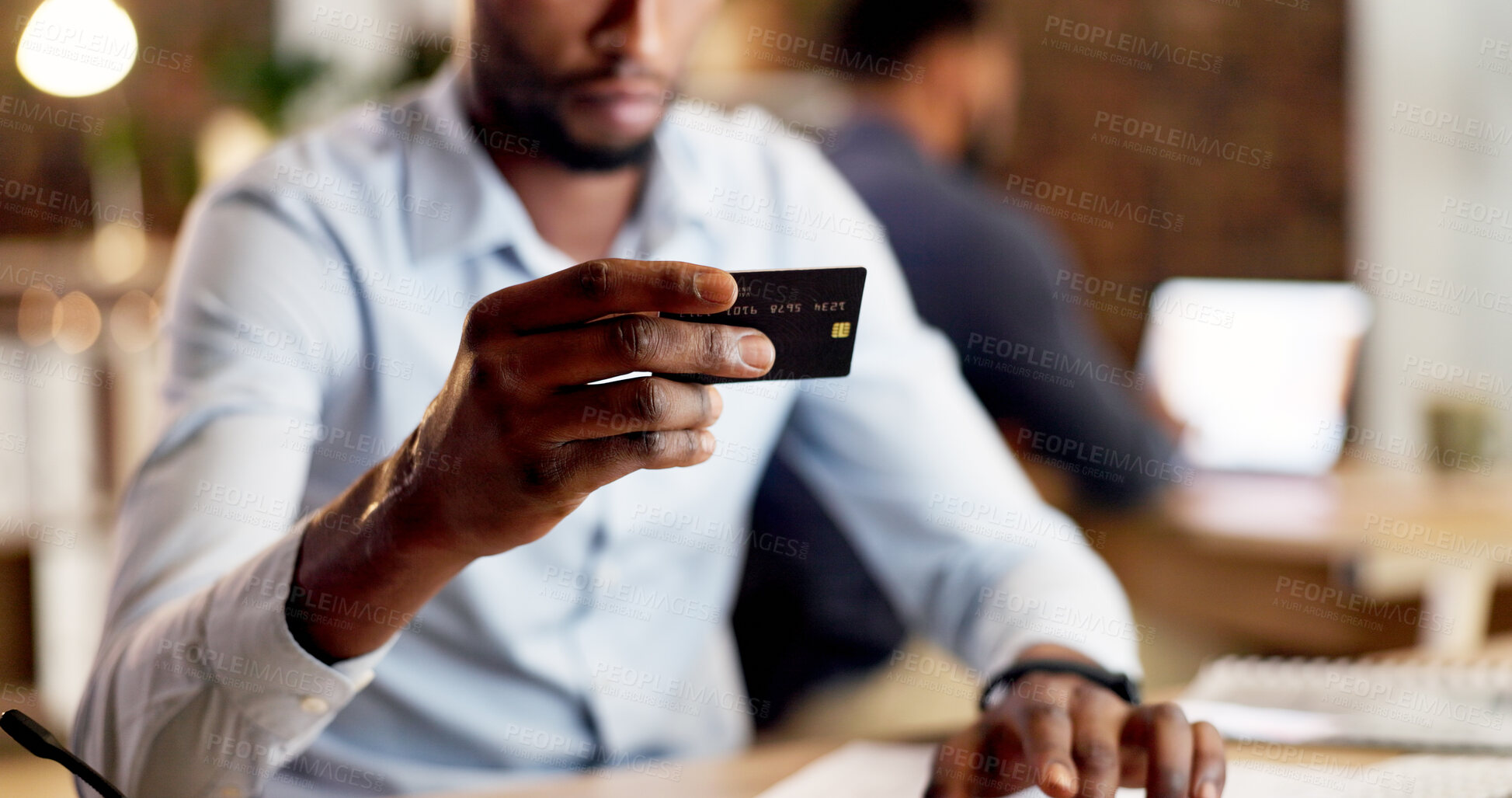 Buy stock photo Man, hands and office with credit card for online shopping, payment or wireless transaction. Male person, employee or shopper with debit account in workplace for banking app, ecommerce or purchase