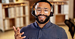 Telemarketing, man and happy with headset in call center for product knowledge, explain and offer. Glasses, sales agent and consulting outbound client for service promotion, cold calling and friendly
