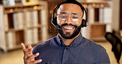 Buy stock photo Telemarketing, man and happy with headset in call center for product knowledge, explain and offer. Glasses, sales agent and consulting outbound client for service promotion, cold calling and friendly