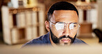 Night, glasses and business man on computer for finance proposal, investment and deadline. Corporate, reflection and person with tech for financial report, risk assessment and online review in office