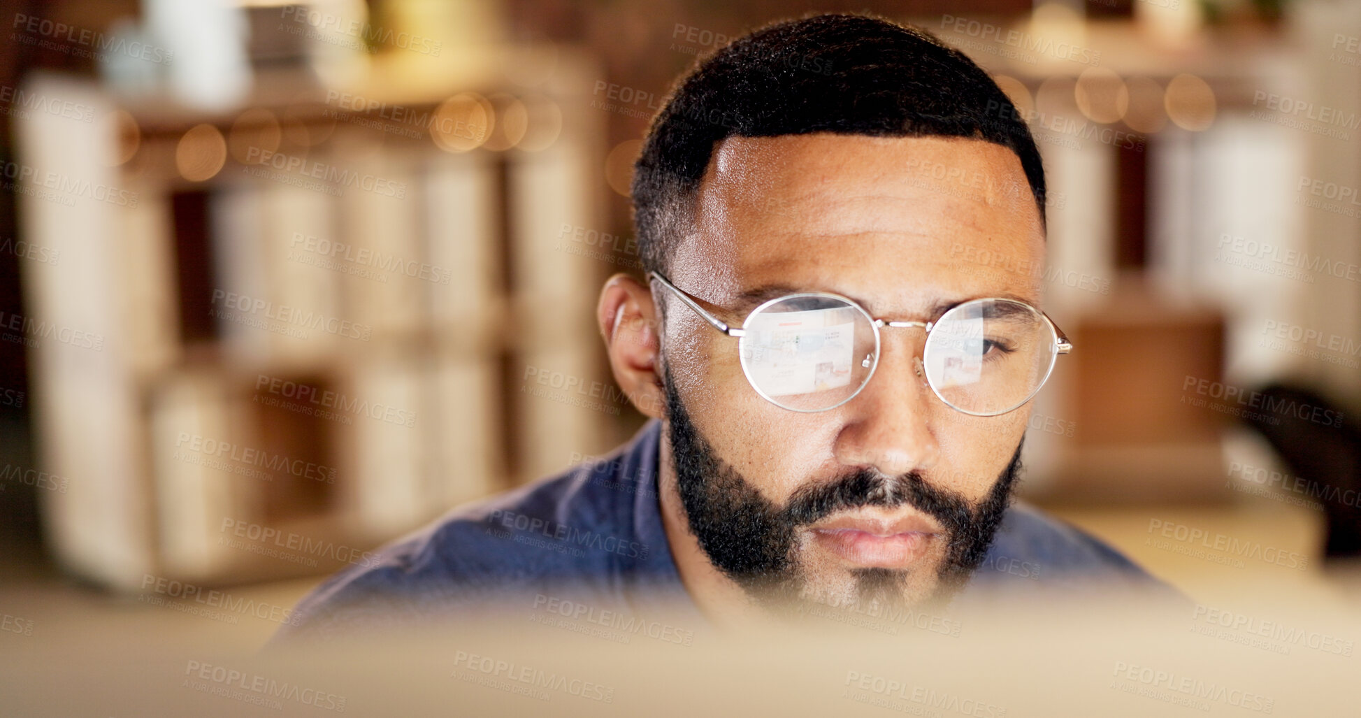 Buy stock photo Night, glasses and business man on computer for finance proposal, investment and deadline. Corporate, reflection and person with tech for financial report, risk assessment and online review in office