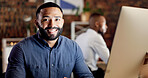 Happy, night and portrait of business man in office for finance proposal, investment and deadline. Corporate, coworking and person with pride for financial review, risk assessment and online report