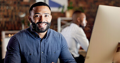Buy stock photo Happy, night and portrait of businessman on computer for finance proposal, investment and deadline. Corporate, coworking and person with pride for financial review, risk assessment and online report