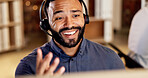 Telemarketing, man and talking with headset in call center for product knowledge, explain and offer. Happy, sales agent and consulting outbound client for service promotion, cold calling and upsell