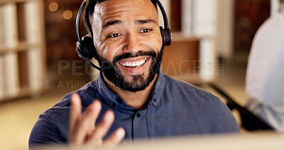 Buy stock photo Telemarketing, man and talking with headset in call center for product knowledge, explain and offer. Happy, sales agent and consulting outbound client for service promotion, cold calling and upsell