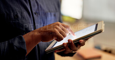 Buy stock photo Night, hands and person with tablet in office, planning system maintenance and software development. Tech, overtime and app developer with testing for digital feature, programming or project deadline