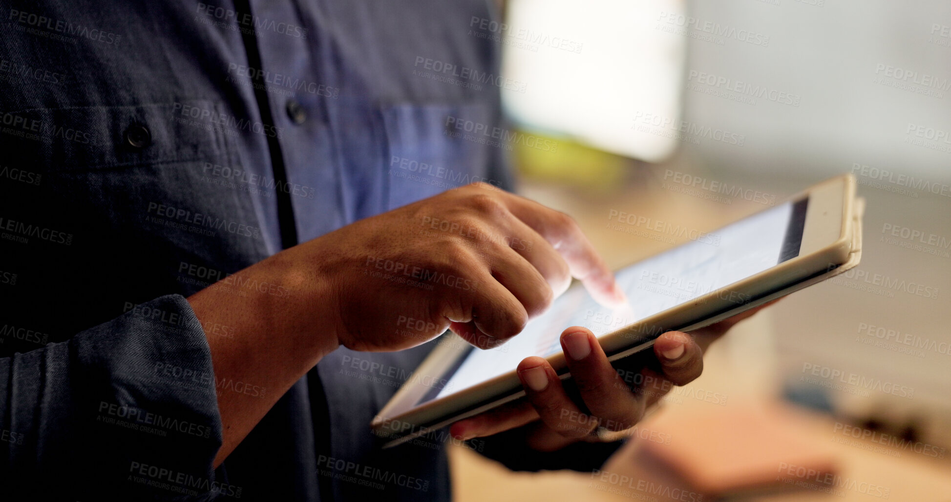 Buy stock photo Night, hands and person with tablet in office, planning system maintenance and software development. Tech, overtime and app developer with testing for digital feature, programming or project deadline