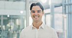 Portrait, man and lawyer with smile in office for career pride, about us and legal cour. Happy, male person and attorney with confidence, positive attitude and consultant for corporate law