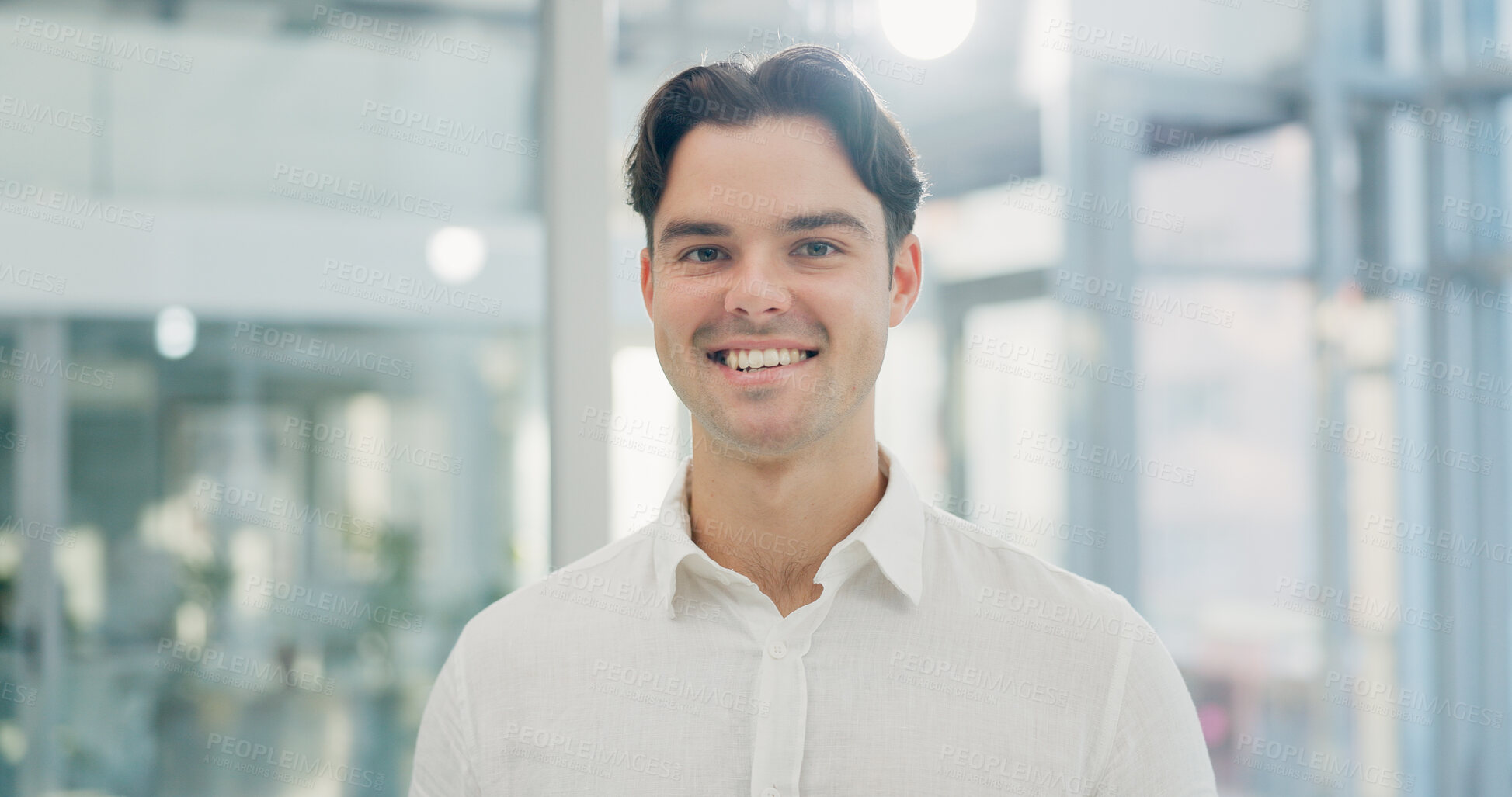 Buy stock photo Portrait, man and lawyer with smile in office for career pride, about us and legal court. Happy, male person and attorney with confidence, positive attitude and consultant for corporate law