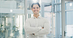 Portrait, man and lawyer with arms crossed in office for career pride, about us and legal representative. Smile, person or attorney with confidence, positive attitude and consultant for corporate law