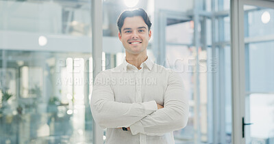 Buy stock photo Portrait, man and lawyer with arms crossed in office for career pride, about us and legal representative. Smile, person or attorney with confidence, positive attitude and consultant for corporate law