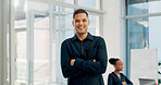 Smile, man and lawyer with arms crossed in meeting for career pride, about us and legal advisory. Portrait, person and attorney with confidence, positive attitude and representative for corporate law