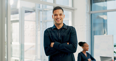 Buy stock photo Smile, man and lawyer with arms crossed in meeting for career pride, about us and legal advisory. Portrait, person and attorney with confidence, positive attitude and representative for corporate law