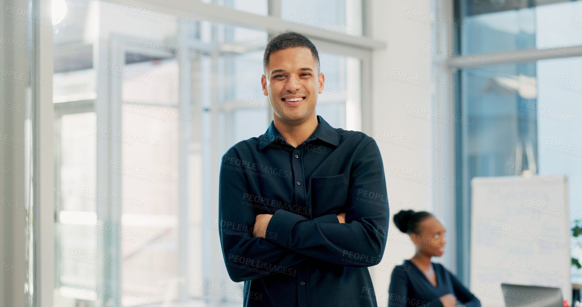 Buy stock photo Smile, man and lawyer with arms crossed in meeting for career pride, about us and legal advisory. Portrait, person and attorney with confidence, positive attitude and representative for corporate law