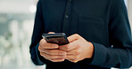 Businessman, hands and typing with phone in office for conversation, social media or schedule. Man, employee or texting with smartphone for mobile network app, connection or online chat in workplace