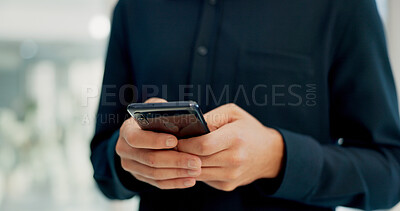 Buy stock photo Businessman, hands and typing with phone in office for conversation, social media or schedule. Man, employee or texting with smartphone for mobile network app, connection or online chat in workplace