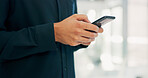 Businessman, hands and texting with phone in office for conversation, social media or schedule. Man, employee or scrolling on smartphone for mobile network app, connection or online chat in workplace