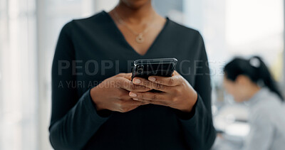 Buy stock photo Woman, hands or typing with phone in office for conversation, social media or schedule. Female person, employee or texting on smartphone for mobile network app, connection or online chat in workplace