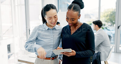 Buy stock photo Women, conversation and tablet with business people in meeting for financial report, budget proposal and notes. Corporate, collaboration and teamwork for investment strategy, planning or agenda