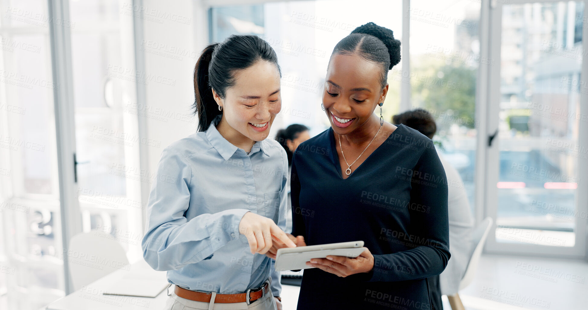 Buy stock photo Women, discussion and tablet with business people in meeting for financial report, budget proposal and notes. Corporate, collaboration and teamwork for investment strategy, planning or agenda