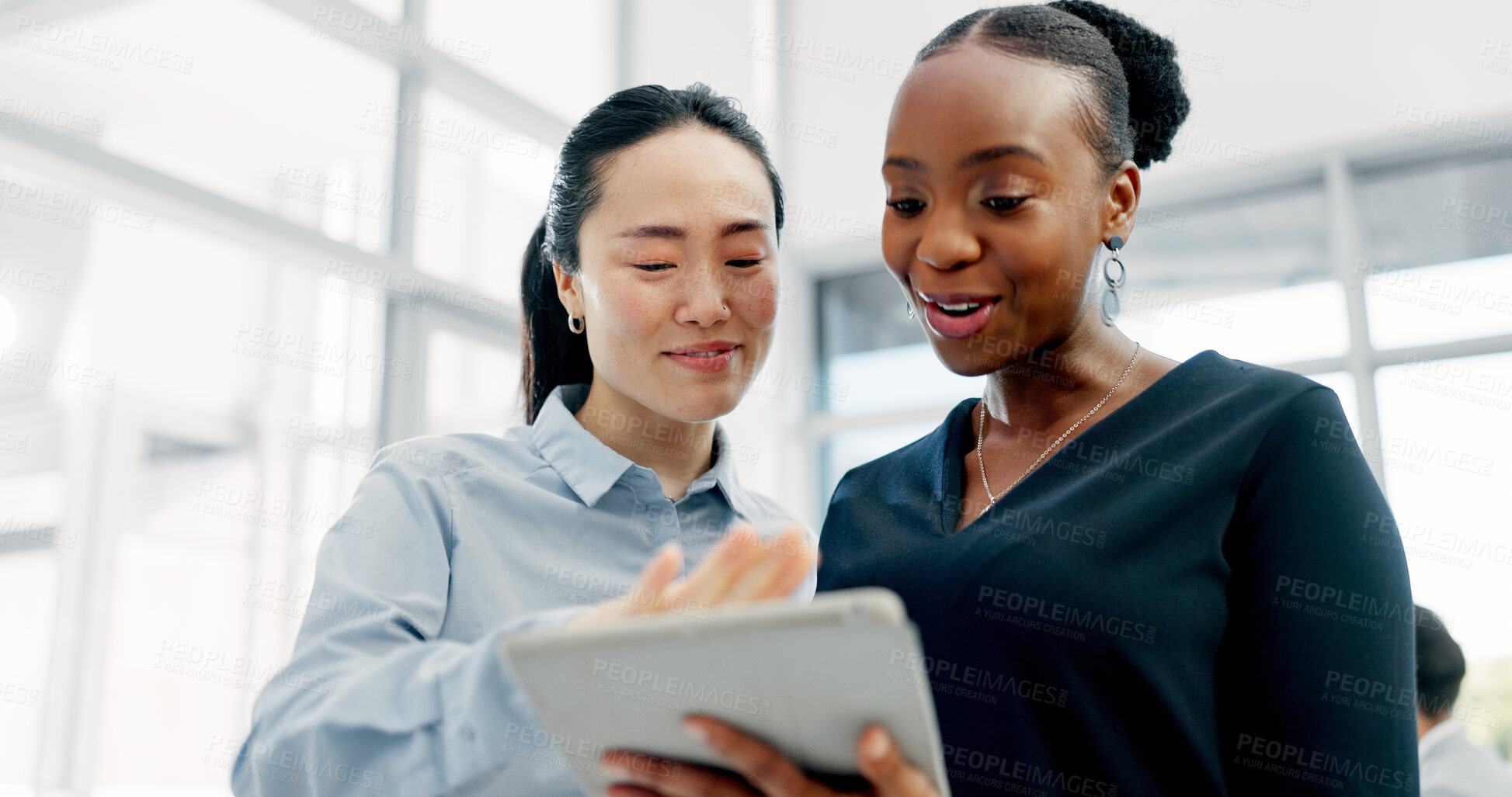 Buy stock photo Tablet, discussion and business women in office with research for legal compliance requirements. Digital technology, team and female attorneys with email for feedback on law case in workplace.
