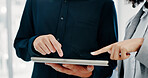 Business people, hands and tablet in office for financial report, budget or proposal. Digital tech, collaboration and teamwork for investment strategy, planning or agenda for project management